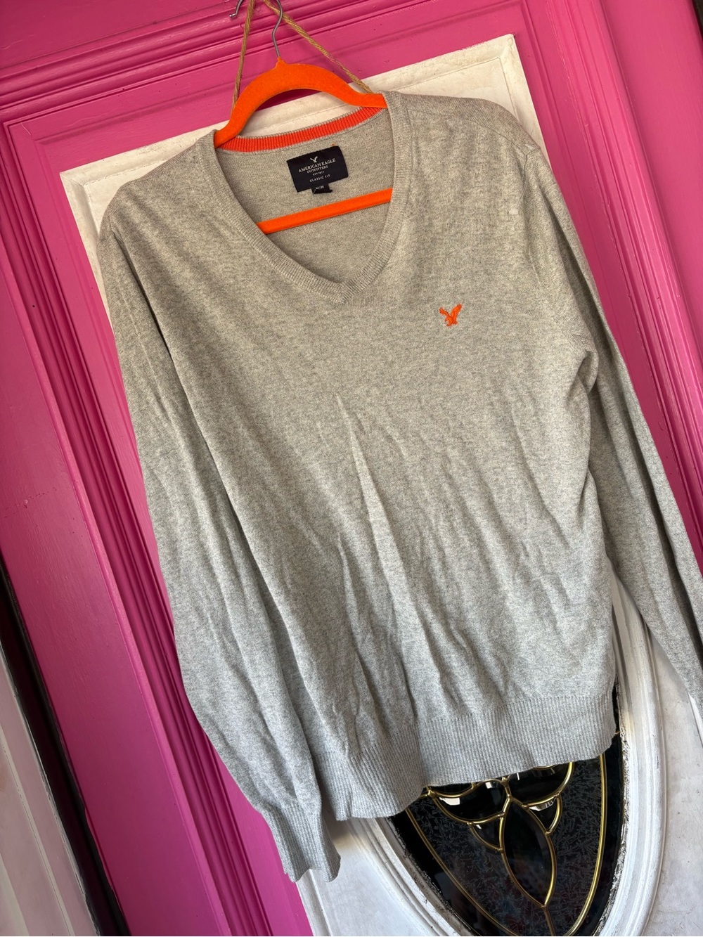 American Eagle Outfitters Light Gray V-Neck Sweater with Orange Trim